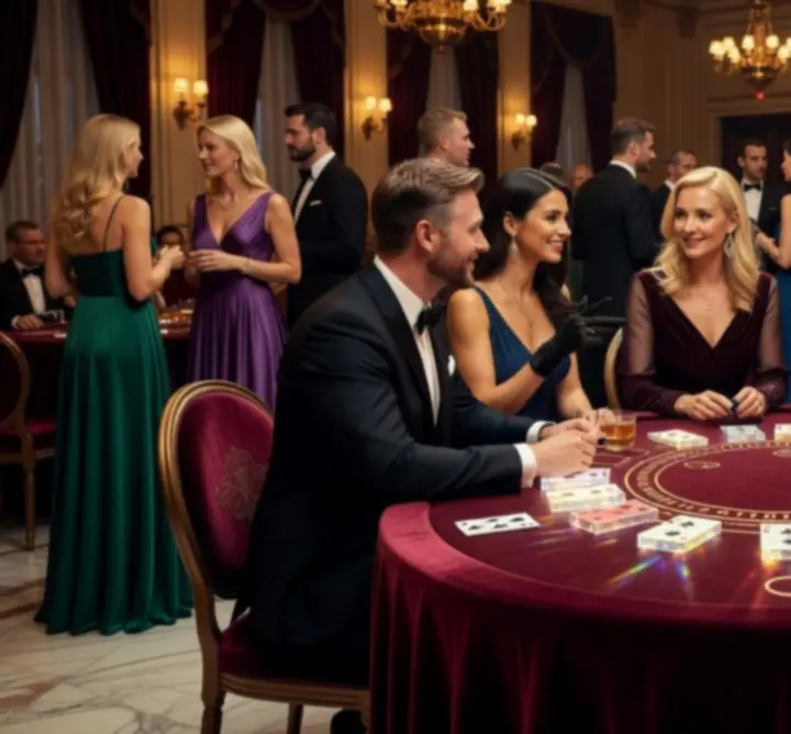Elegancki event kasynowy z gośćmi przy stołach do gry