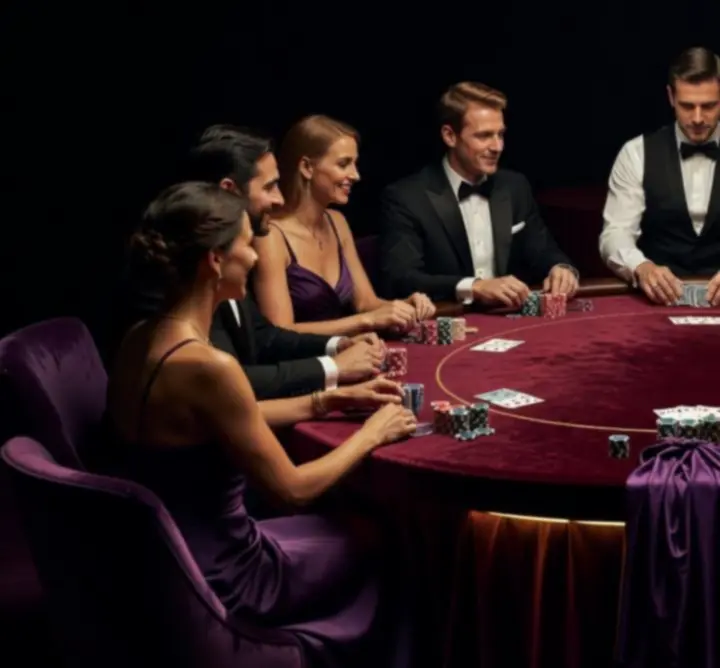 Elegancki stół pokerowy podczas rozgrywek w klimatycznym, przyciemnionym wnętrzu